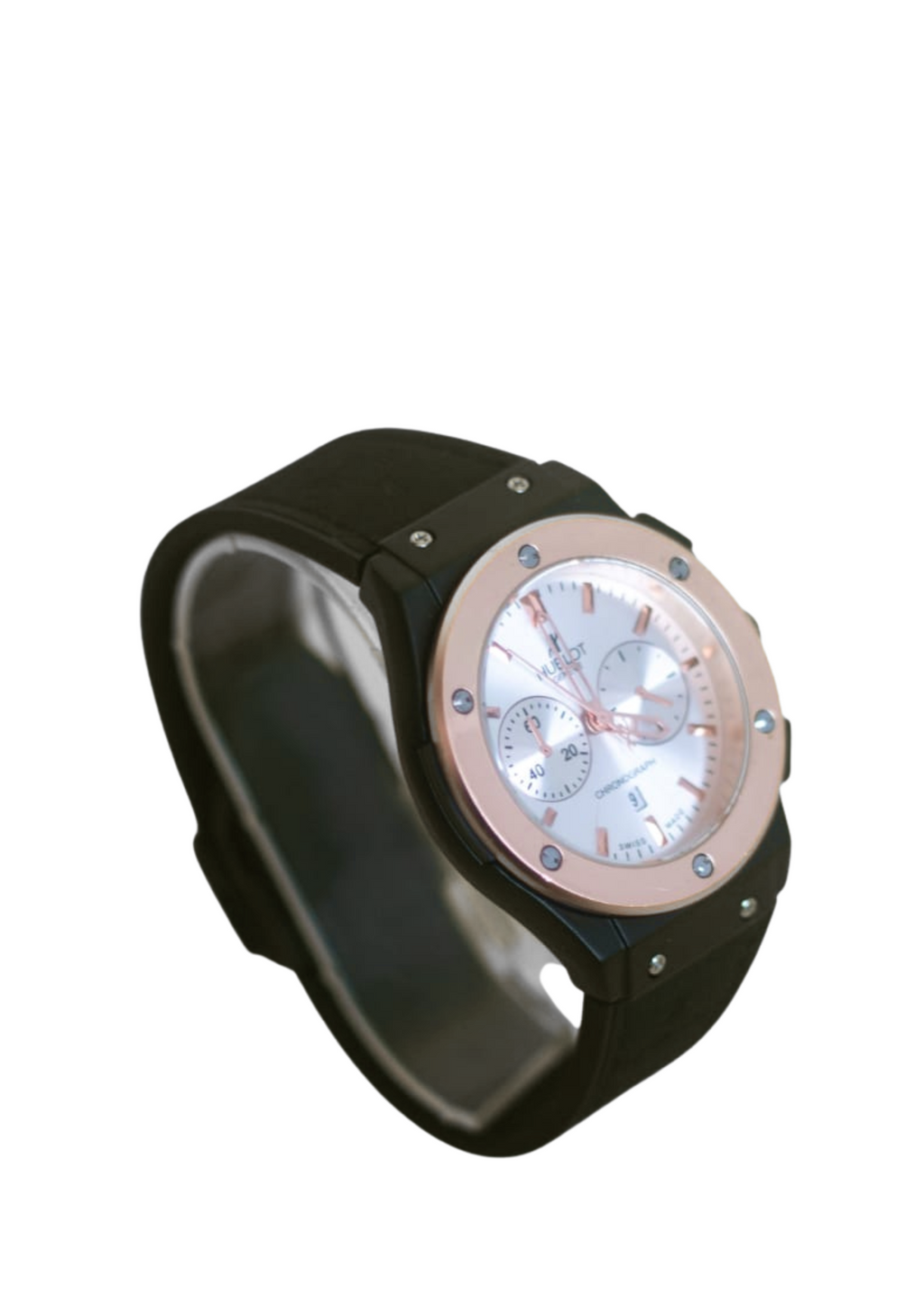 Hublot Geneva Chronograph Rose Gold Watch with Black Strap