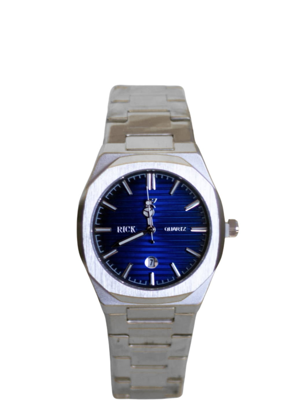 Rick Men's Silver Stainless Steel Quartz Watch with Blue Dial & Date Display