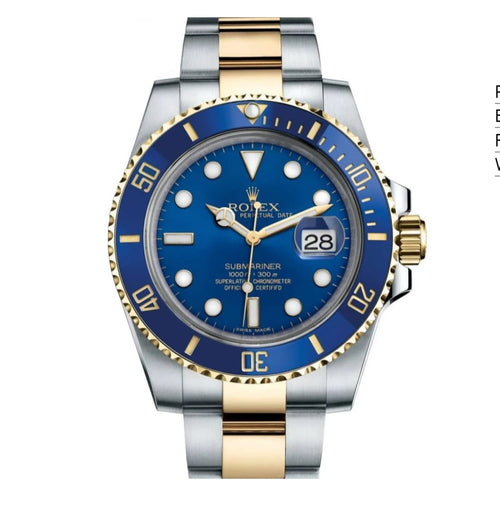 Exquisite Rolex Submariner Long Edition Two-Tone Stainless Steel and Gold Watch with Blue