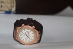 Luxurious Hublot Chronograph Long Edition Rose Gold-Tone Watch with White Dial, Multiple Sub-Dials, and Elegant Strap